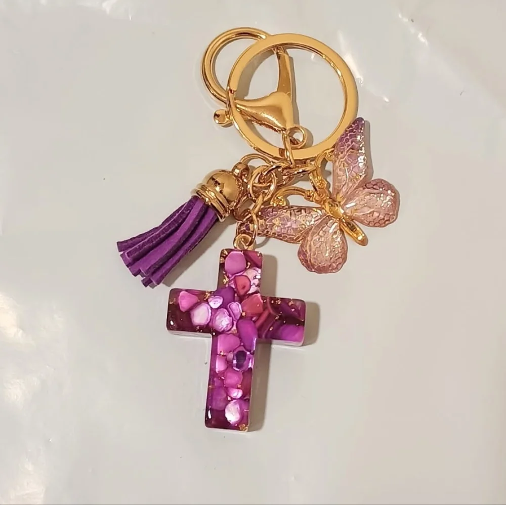 Purple and Gold Cross Keychain with Butterfly Charm - Picture 1 of 1